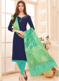 Navy Blue And Green Cotton Casual Wear Churidar Salwar Kameez