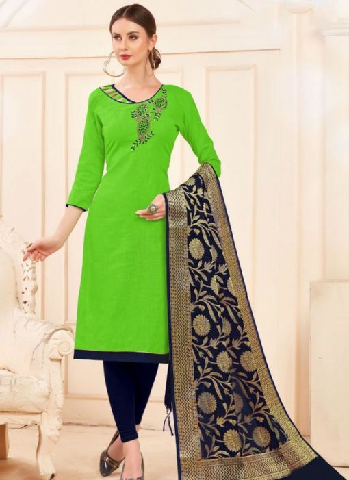 Green And Navy Blue Cotton Casual Wear Churidar Salwar Kameez
