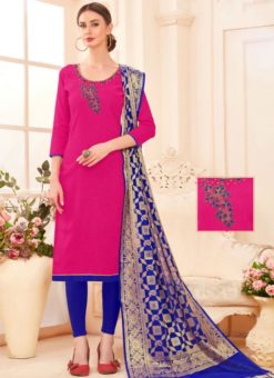 Pink And Royale Blue Cotton Casual Wear Churidar Salwar Kameez