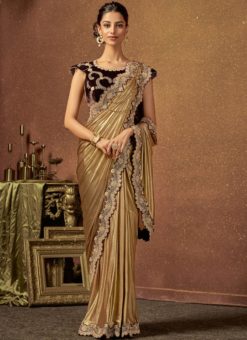 Golden Lycra Designer Zari Work Party Wear Saree