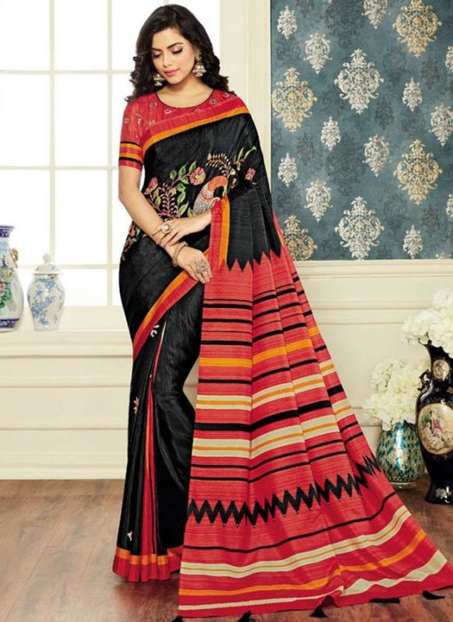Black And Red Cotton Silk Printed Casual Wear Saree