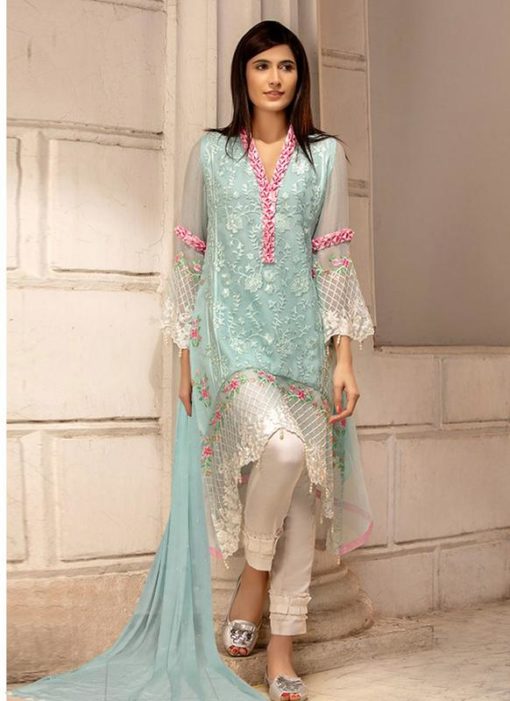 Georgette Embroidered Pakistani Suit In Ice Blue Color For Eid Jannat Summer Gold 5002 By Kilruba