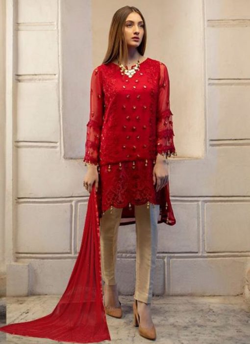 Red Georgette Embroidered Pakistani Suits For Eid Jannat Summer Gold 5003 By Kilruba