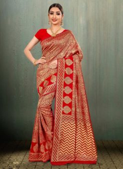 Red Banarasi Silk Zari Weaving Traditional Saree