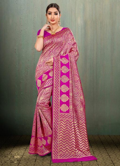 Pink Banarasi Silk Zari Weaving Traditional Saree