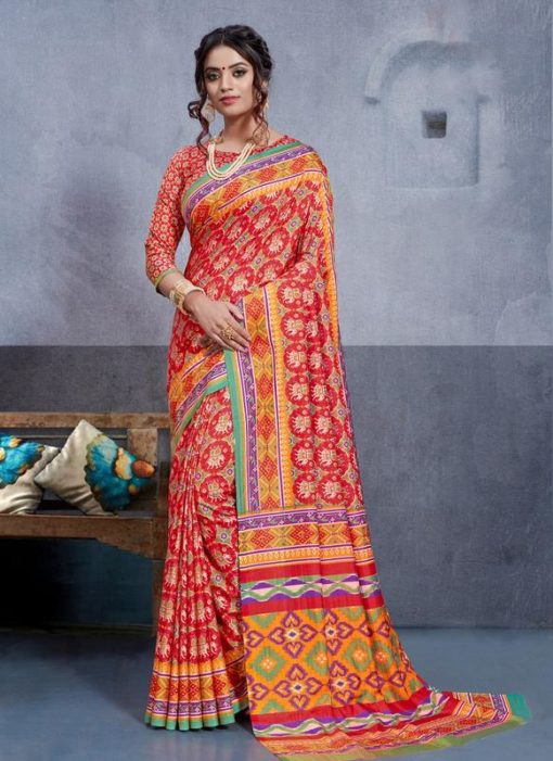 Red Silk Printed Party Wear Saree