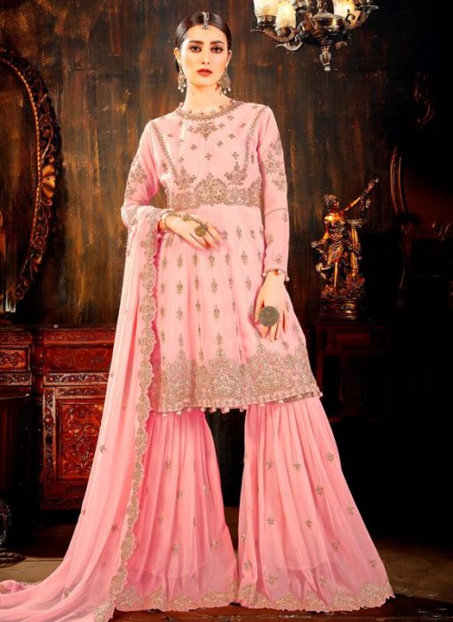 Pink Faux Georgette Embroidered Work Pakistani Salwar Kameez