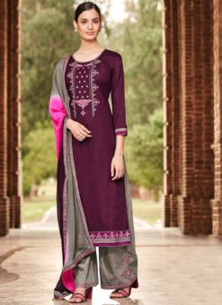 Purple Cotton Embroidered Work Designer Palazzo Salwar Suit