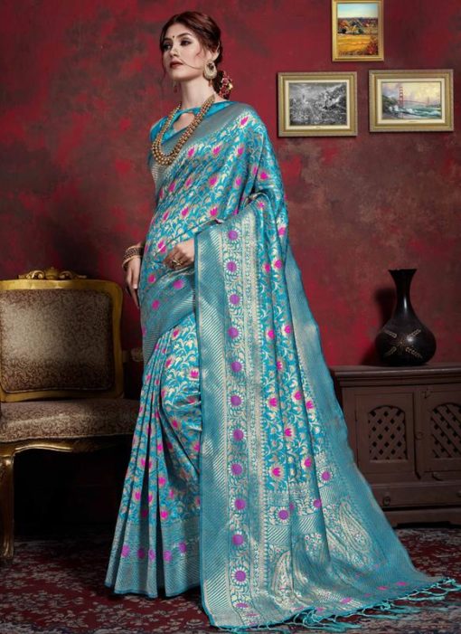 Sky Blue Silk Zari Weaving Traditional Saree