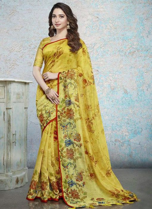 Yellow Linen Cotton Printed Saree