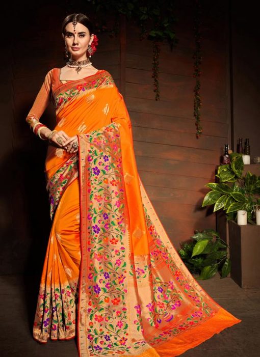 Orange Silk Zari Weaving Wedding Saree