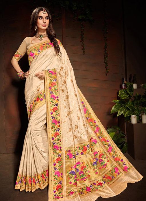 Cream Silk Zari Weaving Wedding Saree