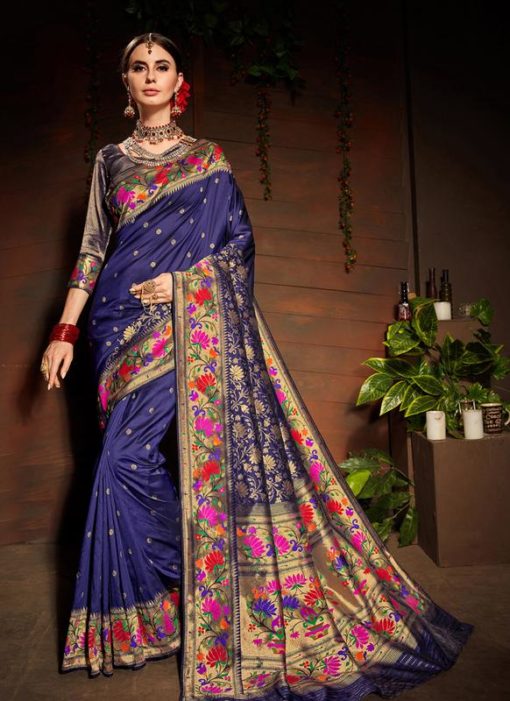 Blue Silk Zari Weaving Wedding Saree