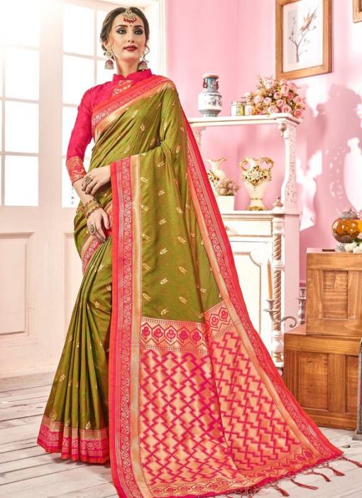 Grey And Pink Silk Zari Weaving Wedding Saree