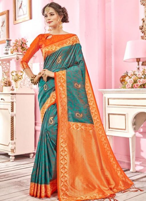 Green And Orange Silk Zari Weaving Wedding Saree