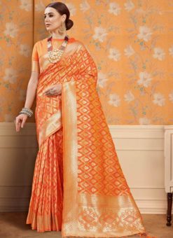 Orange Banarasi Silk Zari Weaving Traditional Saree