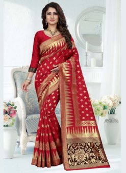 Red Banarasi Silk Zari Weaving Party Wear Saree