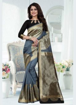 Grey Banarasi Silk Zari Weaving Party Wear Saree