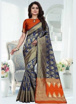 Blue Banarasi Silk Zari Weaving Party Wear Saree