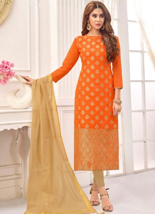 Orange Cotton Casual Wear Churidar Salwar Kameez