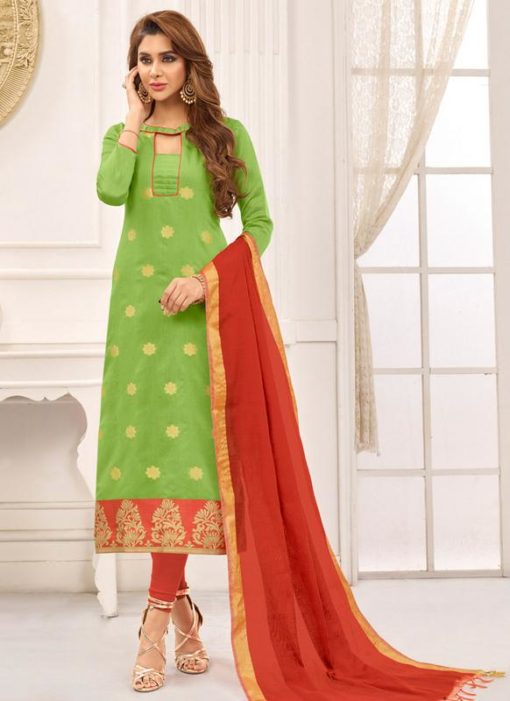 Green Cotton Casual Wear Churidar Sawlar Kameez