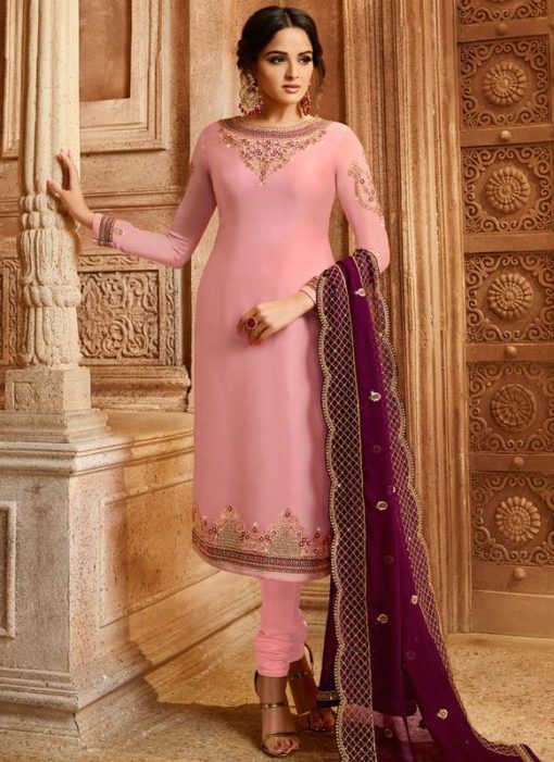 Pink Satin Embroidered Work Party Wear Churidar Salwar Kameez