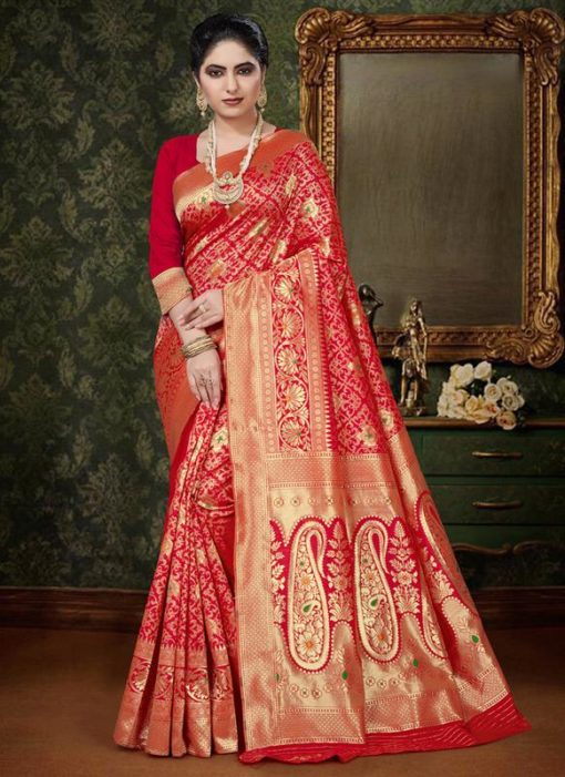 Red Silk Zari Weaving Traditioanl Saree