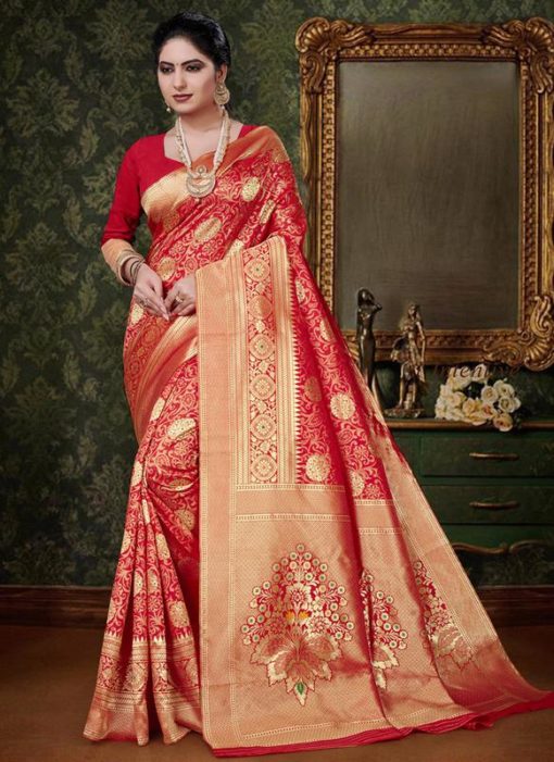 Red Silk Zari Weaving Traditioanl Saree