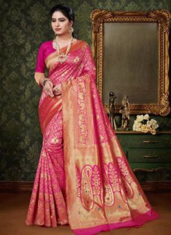 Rani Pink Silk Zari Weaving Traditional Saree
