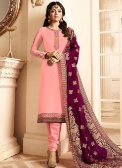 Pink Satin Designer Party Wear Churidar Salwar Kameez