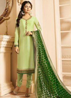 Green Satin Designer Party Wear Churidar Salwar Kameez