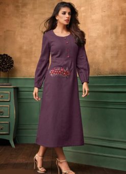 Purple Satin Cotton Thread Work Party Wear Kurti