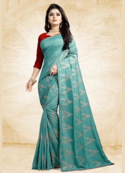 Turquoise Blue Silk Printed Party Wear Saree