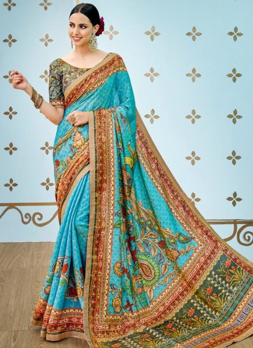 Blue Banarasi Silk Printed Designer Saree