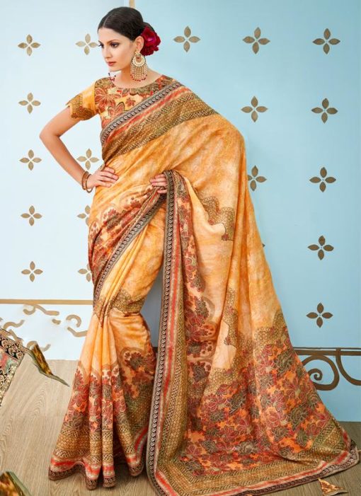 Orange Banarasi Silk Printed Designer Saree
