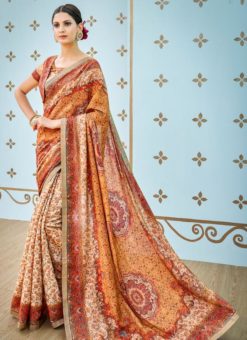 Orange And Cream Banarasi Silk Printed Designer Saree