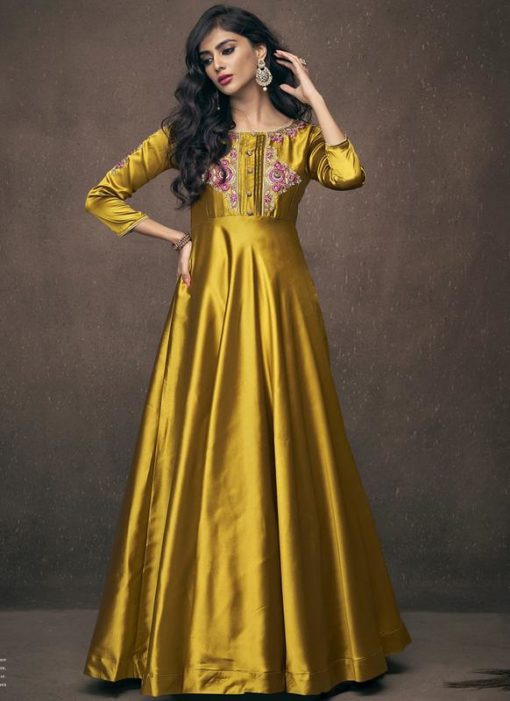 Gold Satin Embroidered Work Designer Long Gown