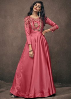Pink Satin Embroidered Work Designer Long Gown