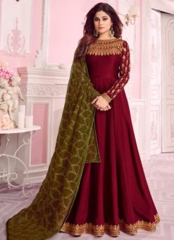 Shamita Shetty Maroon Silk Designer Anarkali Salwar Suit