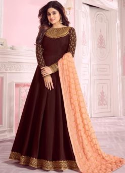 Shamita Shetty Brown Silk Designer Anarkali Salwar Suit