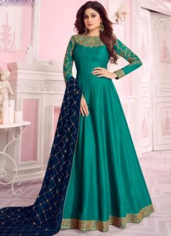 Shamita Shetty Sea Green Silk Designer Anarkali Salwar Suit