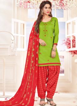 Green Cotton Party Wear Punjabi Salwar Suit