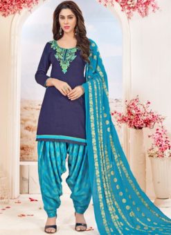 Blue Cotton Party Wear Punjabi Salwar Suit