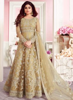 Shamita Shetty Gold Net Designer Anarkali Salwar Suit