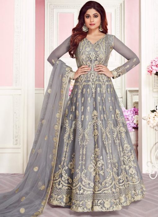 Shamita Shetty Grey Net Designer Anarkali Salwar Suit