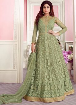 Shamita Shetty Green Net Designer Anarkali Salwar Suit