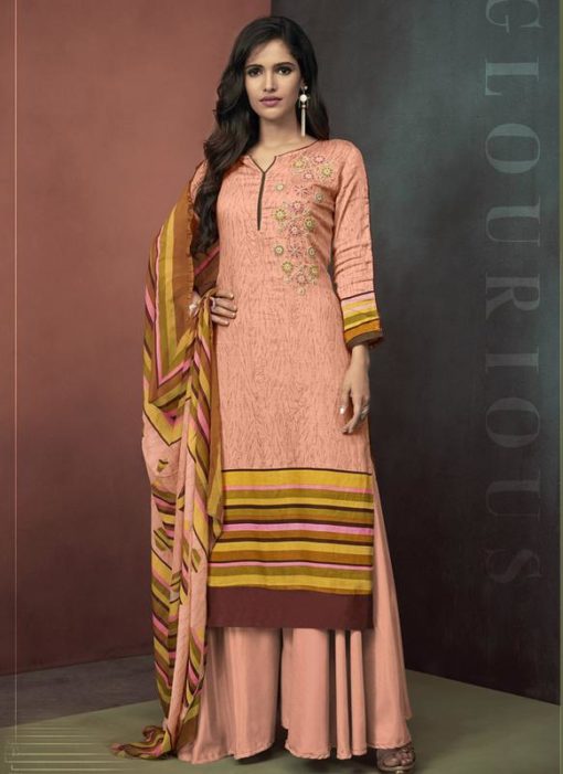 Peach Cotton Embroidered Work Palazzo Salwar Suit