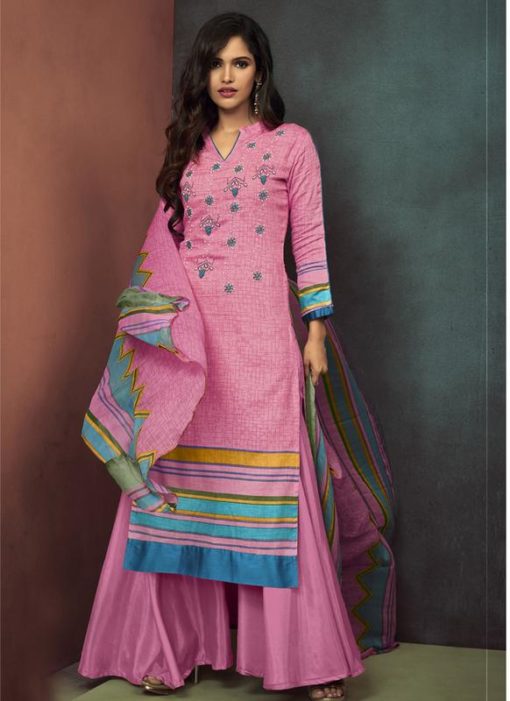 Pink Cotton Embroidered Work Palazzo Salwar Suit
