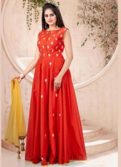 Red Chanderi Silk Embroidered Work Party Wear Gown