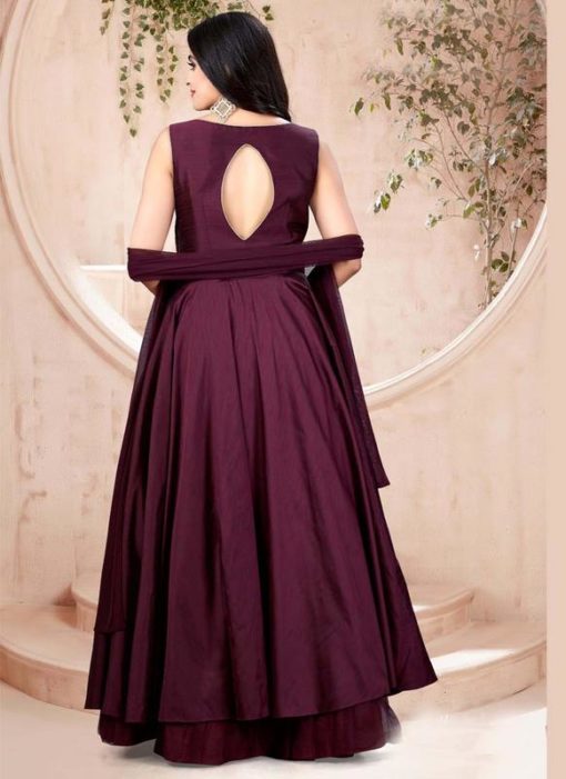 Wine Silk Embroidered Work Party Wear Gown